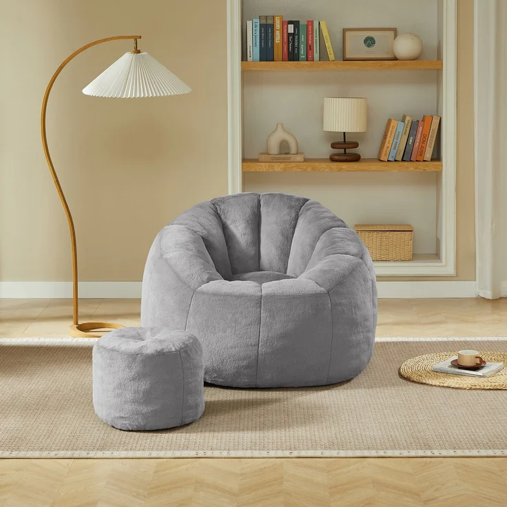 Weicher Blüten-Sitzsack für Erwachsene mit Fußhocker, vakuumverpackt ohne Montage, ideal für Wohnzimmer, Schlafzimmer & Balkon,Hellgra--Grau--105x105x70cm--YOUDENOVA – Bild 10