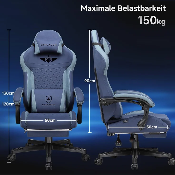 GTPLAYER Gaming-Stuhl Stoff Gaming Chair Ergonomisch Bürostuh PC Stuhl, 150kg Belastbarkeit, Schreibtischstuh mit Federsitzkissen und Fußstütze – Bild 7