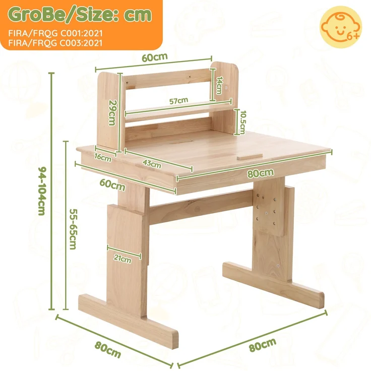 Kindertisch, Höhenverstellbarer Massivholz-Multifunktionsschreibtisch für Kinder, klappbare Tischplatte, Buchstütze, Sicherheitszertifiziert, für Kinder ab 6 Jahren--Natürlich--80x94x80cm--YOUDENOVA – Bild 7