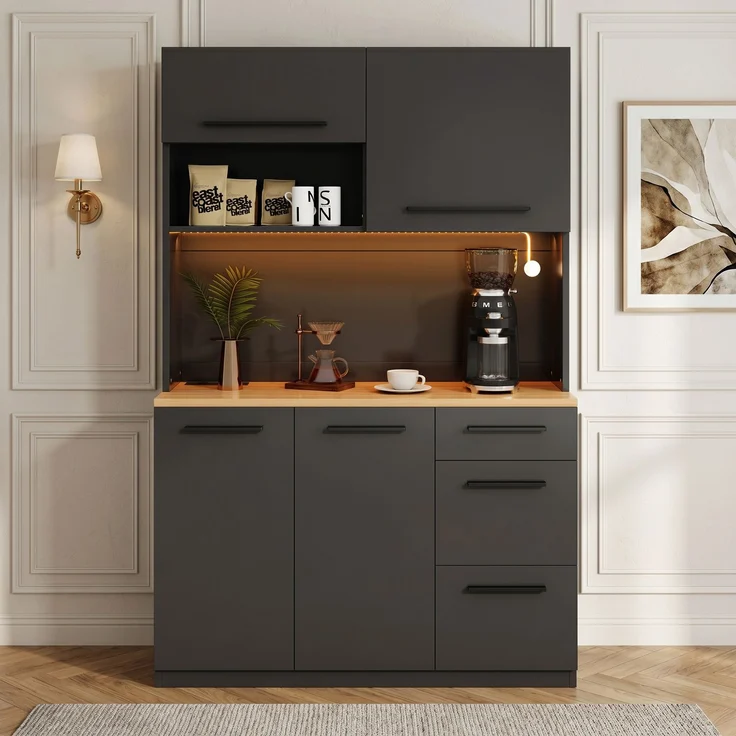 Buffetschränke, Esszimmer-Hochschrank 120×40×180 cm, mehrstufigem Stauraum, integrierter Steckdose sowie USB-C- und USB-A-Anschlüssen,Mit farbigem Lichtstreifen, Schwarz – Bild 6