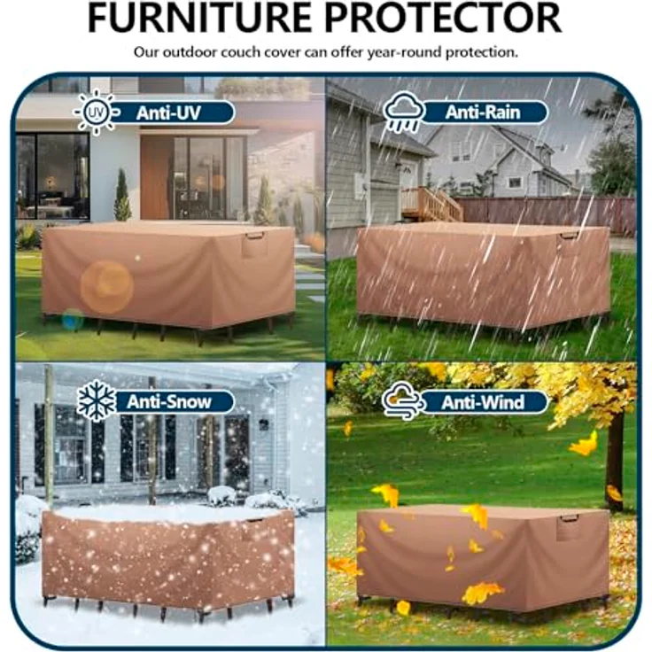 Aujink Abdeckung Gartenmöbel Winterfest, Wasserdichte Schutzhülle Gartenmöbel 420D Oxford Anti-UV Abdeckplane für Gartentische Terrassenmöbel Regenschutz und Staubfest Abdeckhaube Khaki 150 x 90 x 75 cm – Bild 8