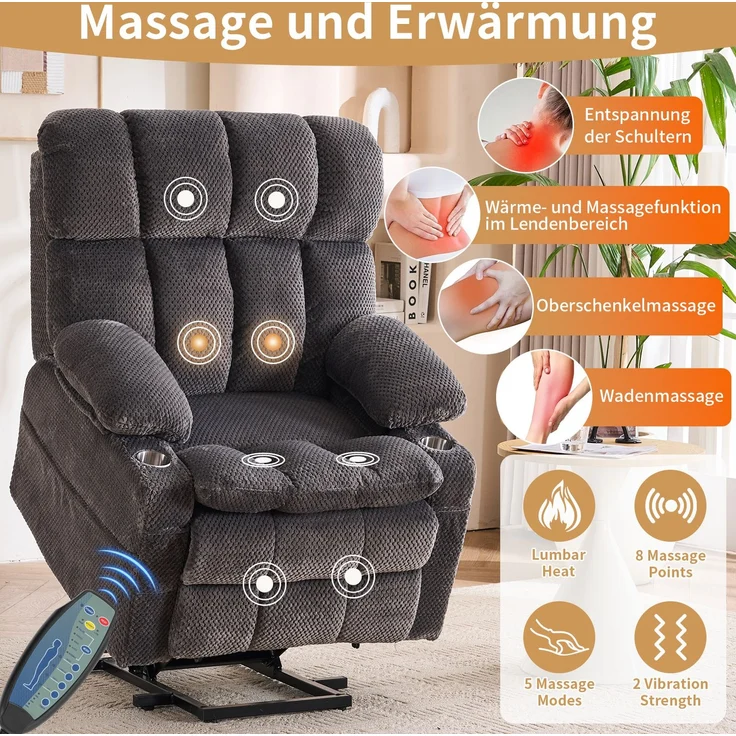 DESVIAE Sessel Grau aus Flanellstoff – 91x106,5x91 cm – Aufstehhilfe, Massagefunktion – Bild 6