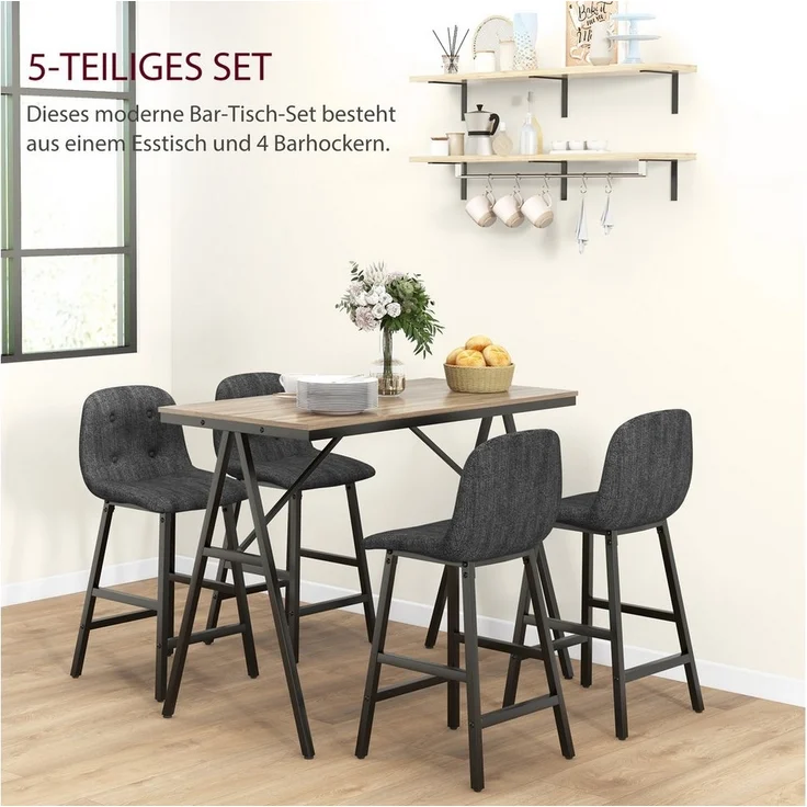HOMCOM Bargruppe Küchentisch, Bistrotisch mit 4 Stühlen, Bartisch Set für Küche, (Bartisch-Set, 5-tlg, 5-teiliges Bartisch-Set), Dunkelgrau+Schwarz – Bild 3