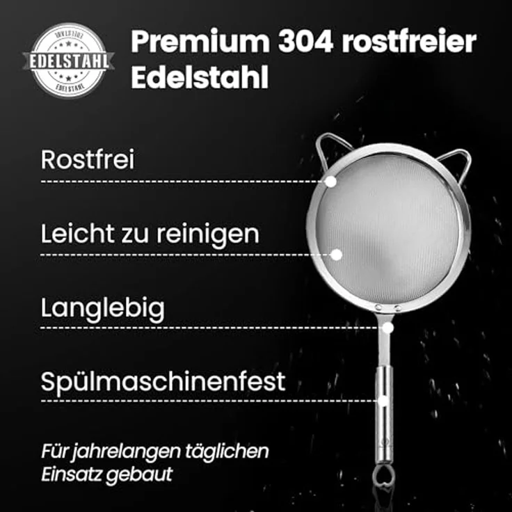 Küchensieb - Edelstahl, Sieb-Set, Edelstahl, 3-teilig: Mehlsieb, Nudelsieb und Silikon-Dosensieb – Bild 5