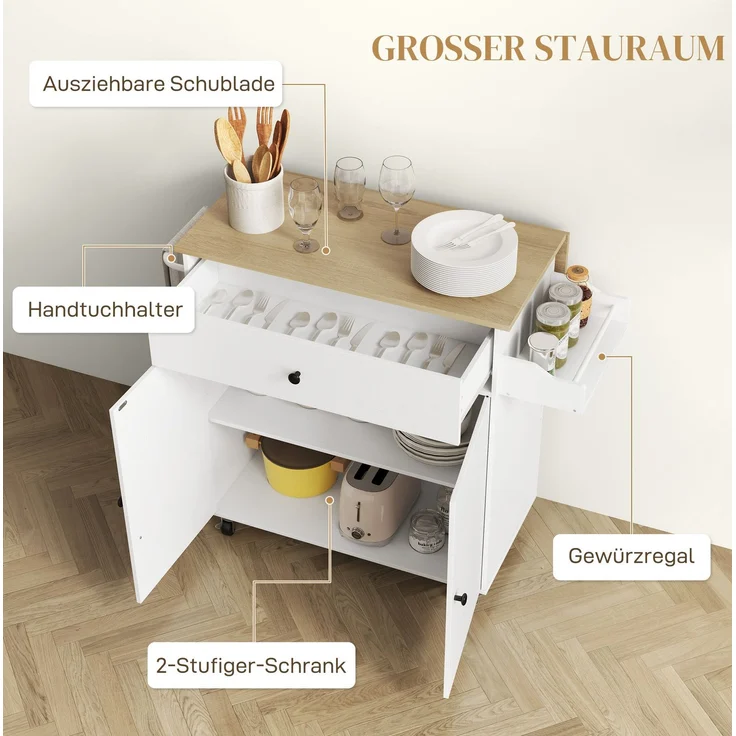 Küchenwagen 106x42x87 cm mit klappbarer Arbeitsplatte, Schublade und Rollen – Weiß – Bild 7
