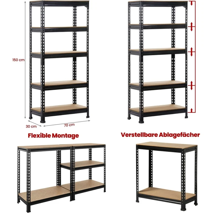 Yaheetech Standregal, Schwerlastregal Lagerregale Kellerregal, 5 verstellbare Ablagen, Stahl Schwarz, 150 x 30 x 70 cm – Bild 4