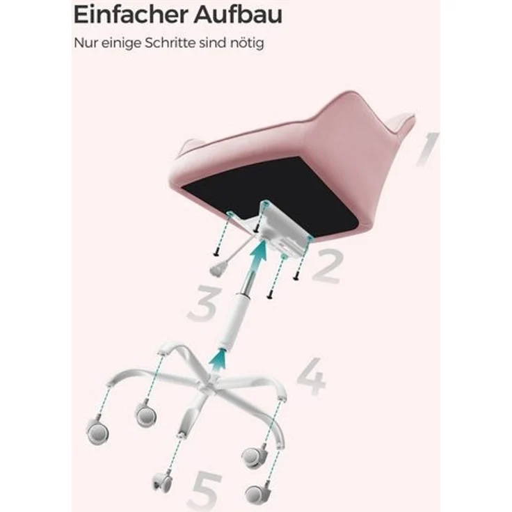 Songmics Bürostuhl höhenverstellbar, Samtbezug pastellrosa, 64 x 62 x (80-90) cm – Bild 4
