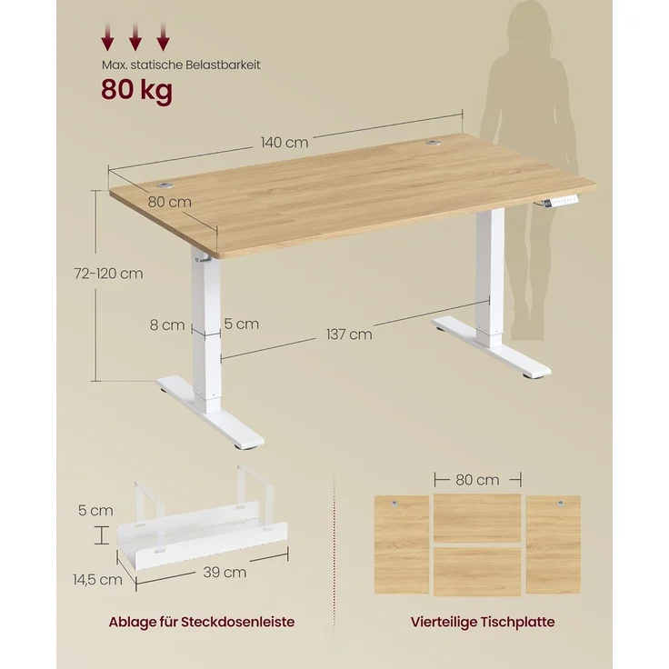 VASAGLE Höhenverstellbarer Schreibtisch, 140x80 cm, USB-C-Anschluss, Ablage für Steckdosenleiste, Stehtisch, Erinnerung bei langem Sitzen, 3 Speichertasten, für Büro, goldeichenfarben LSD144YA02 – Bild 3