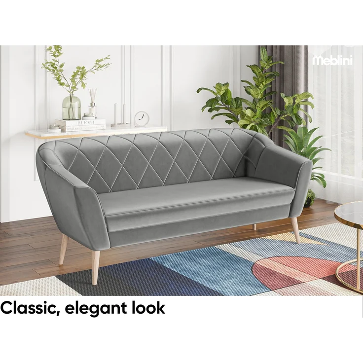 MEBLINI Sofa-Set GISELA 3+1+1 - Hellgrau Samt - für Wohnzimmer - Mini Lounge für fünf Personen - Küchensofa - Sofa Klein - Sitzgarnitur - Polstergarnitur - Sofagarnituren – Bild 3
