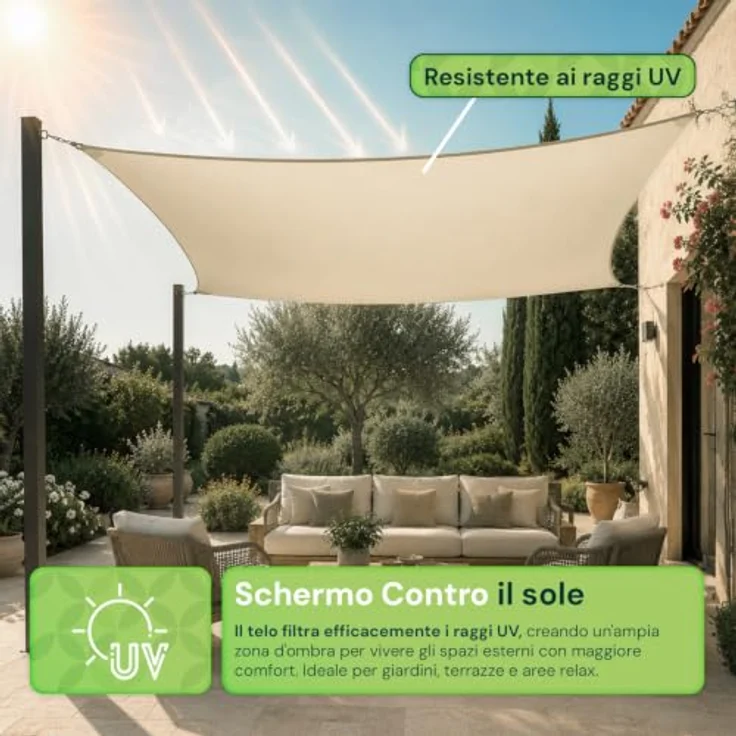 Sonnensegel mit UV-Schutz, atmungsaktiv, einfache Installation, wasserdicht, für Garten, Terrasse, Balkon, aus Polyester, 5 x 5 m – Bild 2