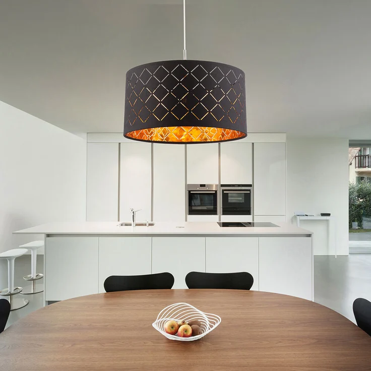 Hängeleuchte, Metall Textilschirm, schwarz gold, H 140cm – Bild 8