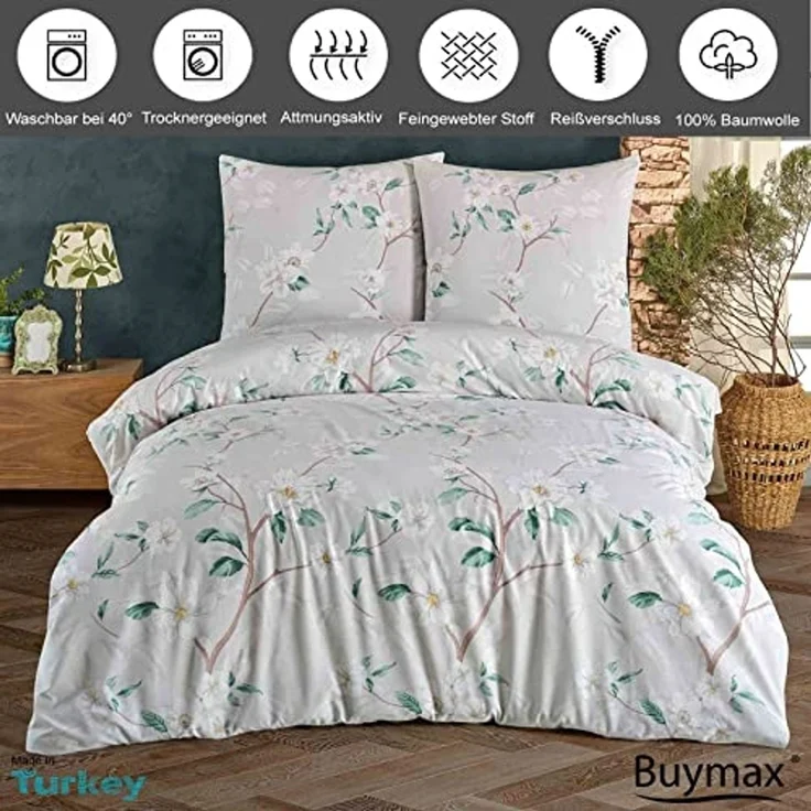 Buymax Bettwäsche Laris, Renforcé: 100% Baumwolle, 3 teilig, Bettbezug Set, Reißverschluss, Blätter Floral, Grau Grün – Bild 2