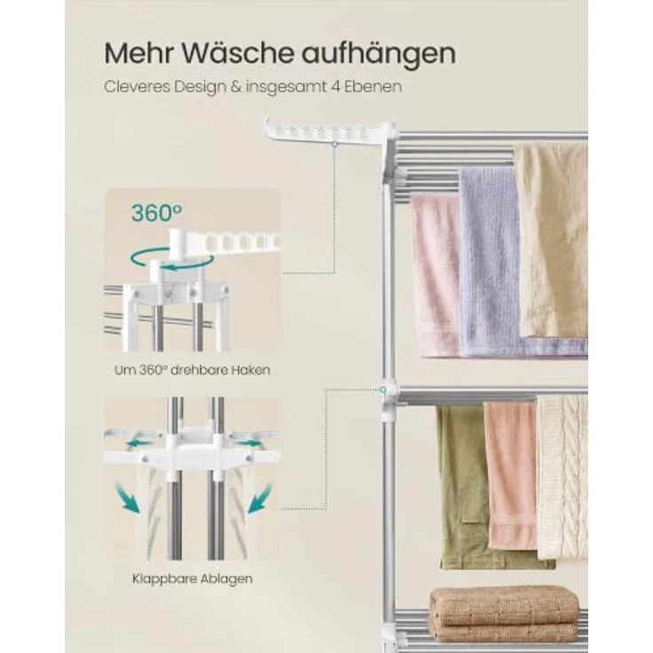 SONGMICS Wäscheständer, Standtrockner 4 Ebenen, Flügelwäscheständer, klappbare Flügel, mit Rollen, 63,5 x 128 x 173 cm, groß, einfacher Aufbau,Silbergrau-wolkenweiß LLR701EW01 – Bild 5