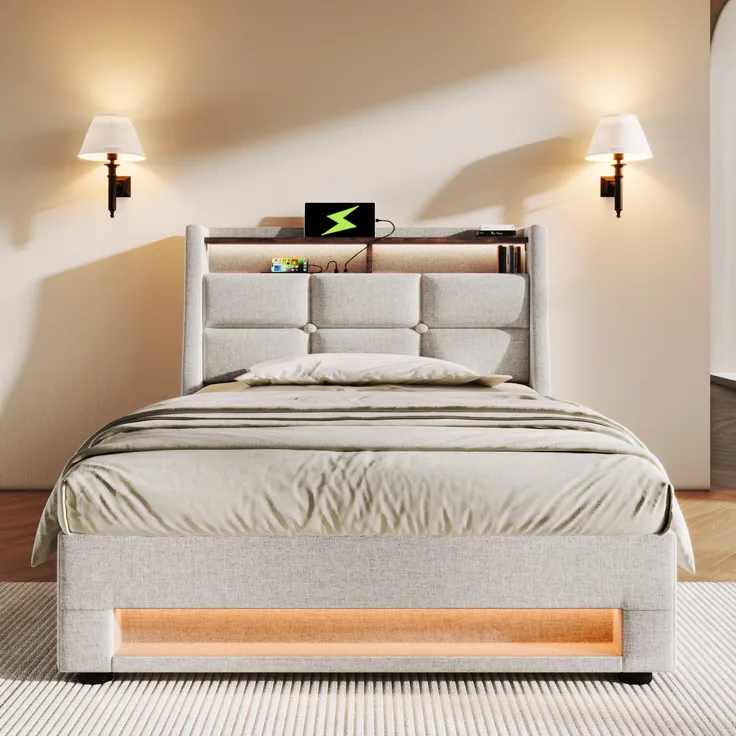 Polsterbett 90x200 cm aus Leinen mit LED-Beleuchtung und Stauraum, ohne Matratze