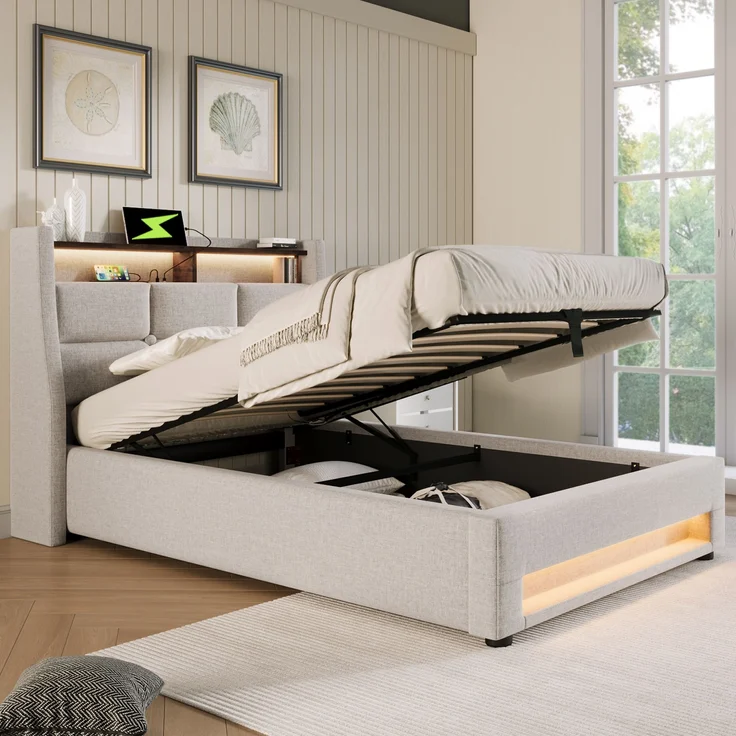 Polsterbett 90x200 cm aus Leinen mit LED-Beleuchtung und Stauraum, ohne Matratze – Bild 3