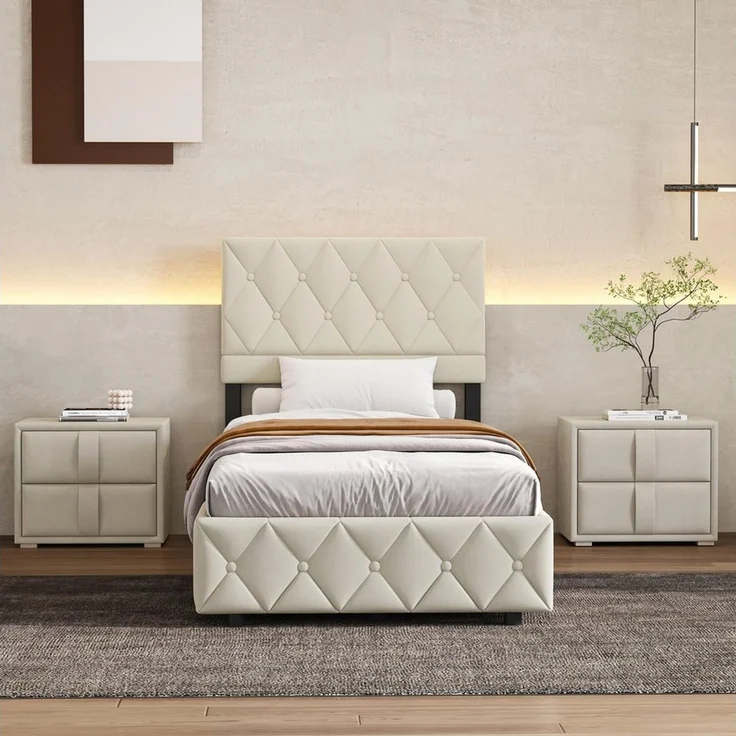 HAUSS SPOLE Polsterbett 90×200 mit Bettkasten Funktionsbett Stauraumbett mit matratze,beige – Bild 2