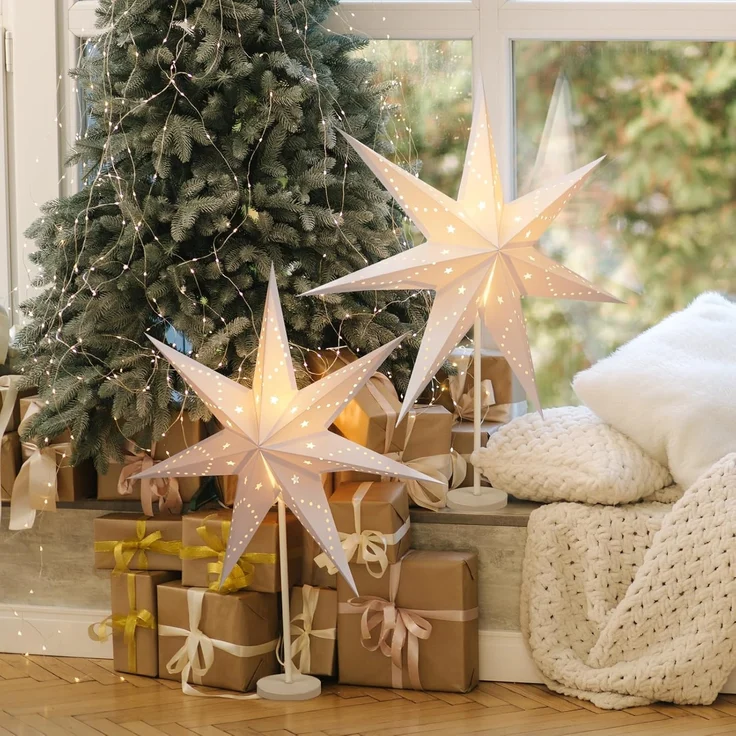 SALCAR LED Weihnachtsstern Beleuchtet Fenster 55cm, Papierstern Weihnachten mit E14 Lampe, 3D Leuchtstern Stehend Adventsstern mit Eisensockel Fuß, Weiß – Bild 2