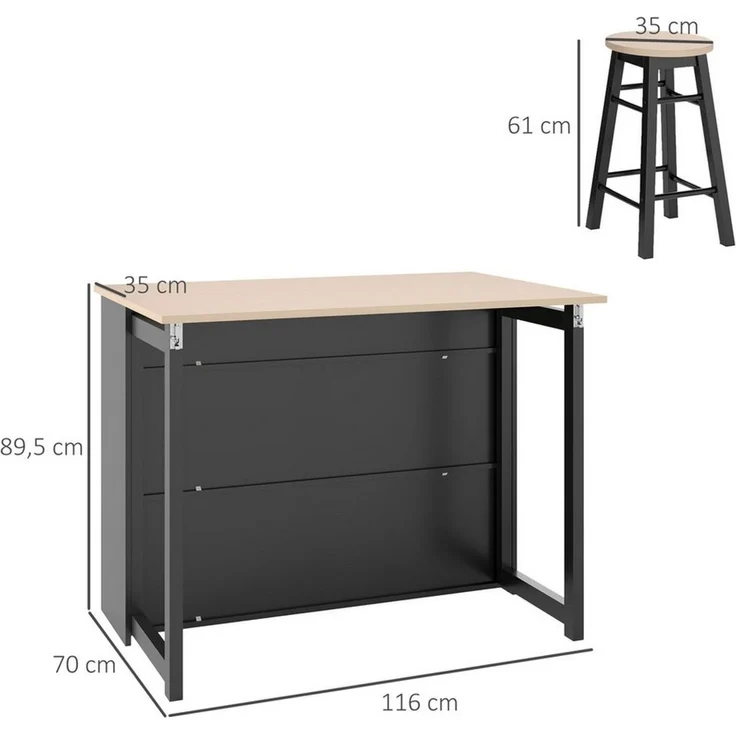 HOMCOM Bargruppe Bartisch mit Barhocker Set, Esstisch mit Klappbarer Tischplatte, (Küchentisch mit Schrank, Essgruppe für Esszimmer, Wohnzimmer) – Bild 2