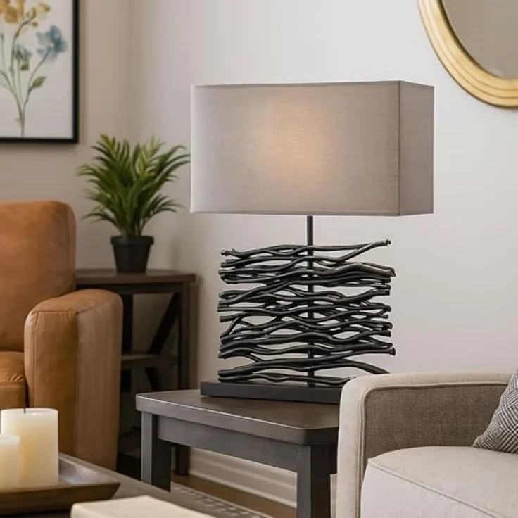 LED Tischleuchte, Holz, Stoffschirm, grau, schwarz, H 50 cm – Bild 5