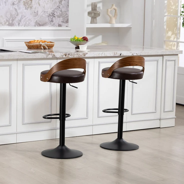 LVHOM Barstuhl 2er Set, 360° drehbarer Barhocker mit Rückenlehne und Fußstütze, höhenverstellbarer Tresenhocker aus Bugholz & PU-Leder, Braun – Bild 8