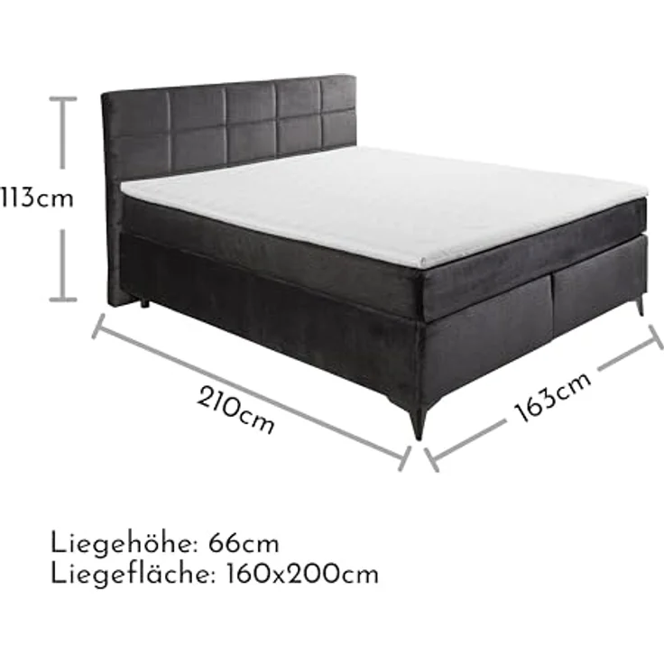 NAVARRA 6 Boxspringbett 160x200, Schwarz - Bequemes Doppelbett mit 7-Zonen-Federkern Matratze & Kaltschaum Topper - 163 x 113 x 210 cm (B/H/T) – Bild 4