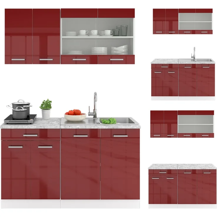 Singleküche R-Line Rot Hochglanz/Weiß 140 cm ohne Arbeitsplatte Vicco – Bild 6