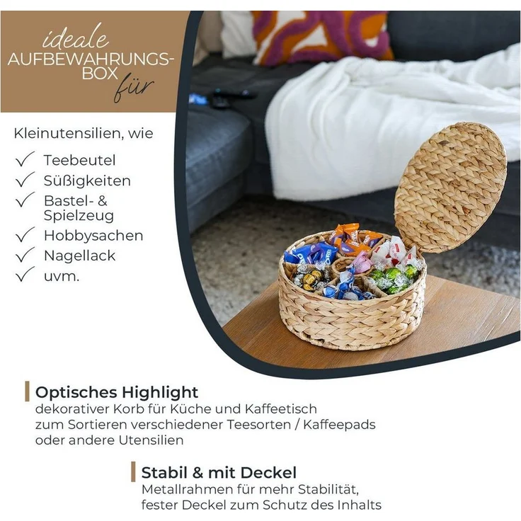 HMF Teebox Teebox für Teebeutel geflochten aus Wasserhyazinthe, Wasserhyazinthe, Tee Aufbewahrungsbox mit 7 großen Fächern, 27 x 27 x 11 cm – Bild 2
