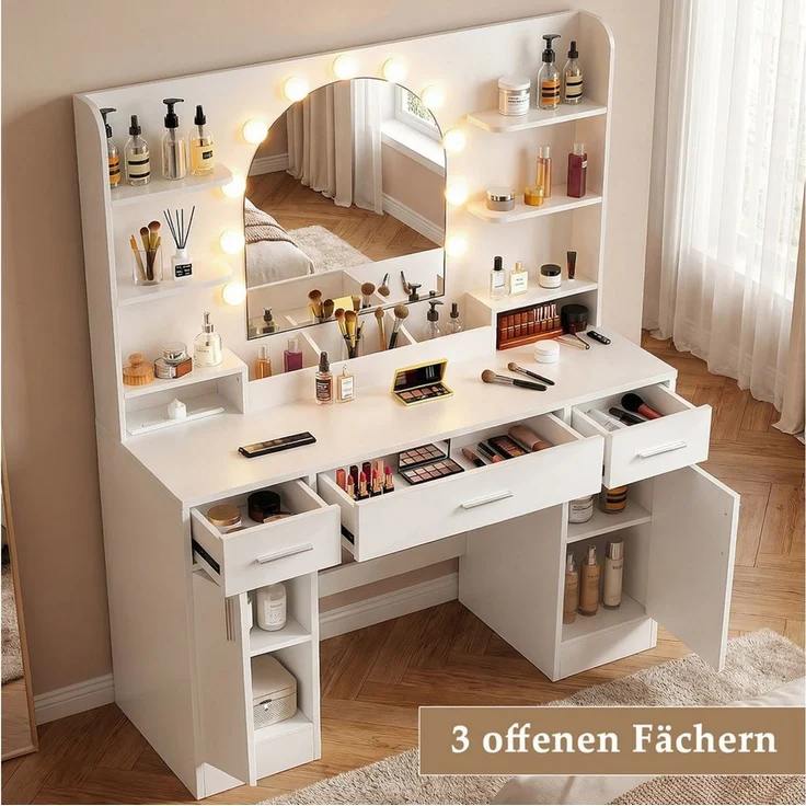 oyajia Schminktisch 110*40*140CM Frisiertisch mit 2 AC-Steckdosen, 1 USB-A und 1 USB-C (Frisiertisch weiß mit Spiegel), Mit LED-Beleuchtung, 3 Schubladen, 6 Fächer – Bild 2