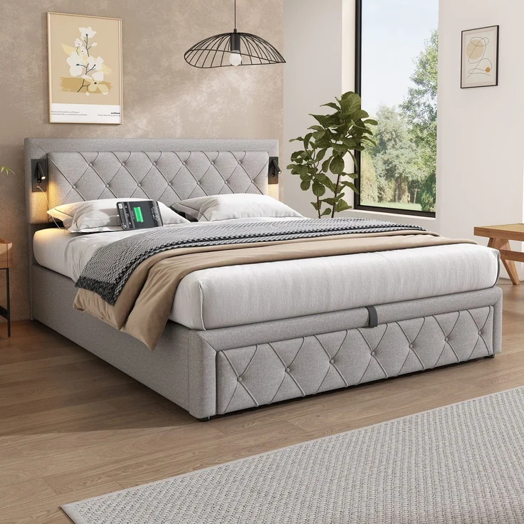 Polsterbett mit LED-Beleuchtung und Lattenrost, Kopfteil mit Spots, Type-C und USB Anschlüssen, 160x200 cm, gepolsterter Kopfteil, Doppelbett, Stauraumbett, Leinen – Bild 5