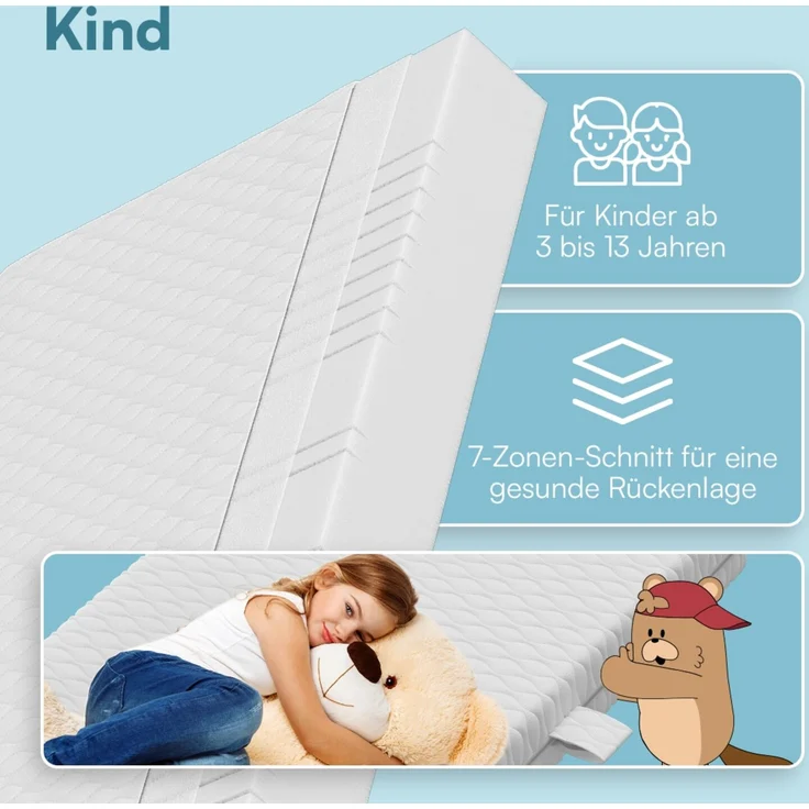 Bellabino 'Twist' wendbare Kinder- und Jugendmatratze 140x200 cm, 15 cm hoch, Härtegrad H1/H2, mitwachsende 7-Zonen Kaltschaummatratze, abnehmbarer Bezug, Matratze für Kinder 3-13 Jahre – Bild 5