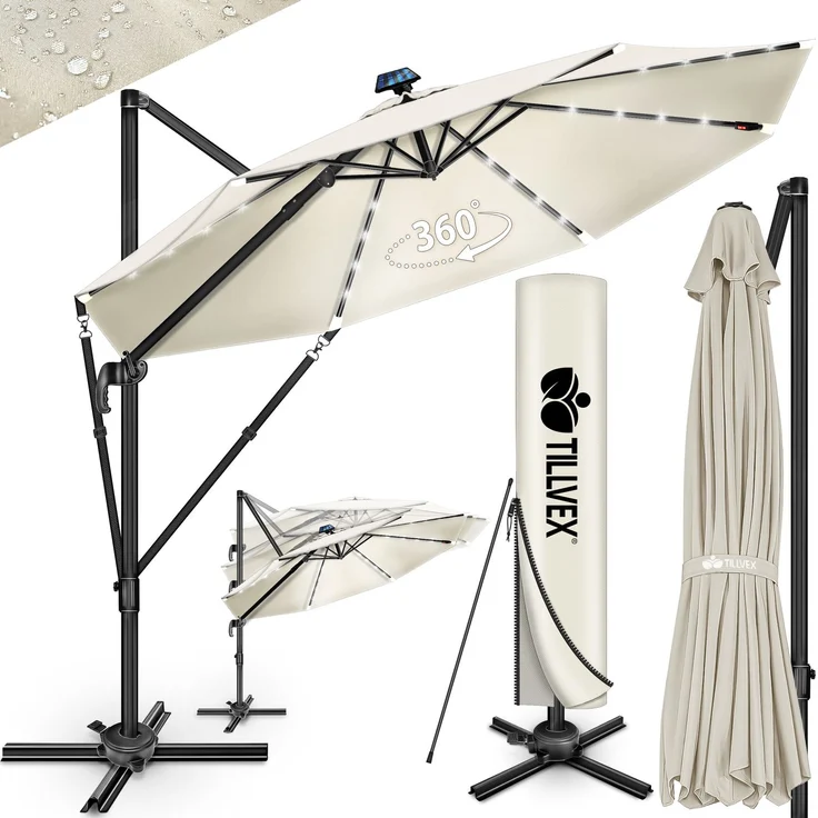 tillvex® Premium Alu Sonnenschirm 330 cm Beige + Abdeckung & Windsicherung | Ampelschirm 6-Fach Verstellbar mit Kurbel | Gartenschirm 360° Drehbar Neigbar Kippbar | Kurbelschirm UV50+ Groß wasserdicht – Bild 1