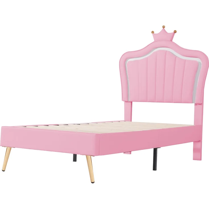 Bett 90x200 cm aus PU-Kunstleder mit LED-Leiste und verstellbarem Kopfteil – kindgerechtes Design in Pink – Bild 9