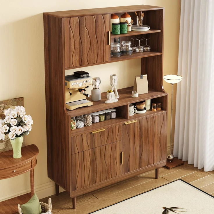 Sideboard,Hochschrank Küchenschrank Buffet Schrank Stauraumschrank mit Schublade Türen offene Regale MDF PB Holzschrank mit Massivholz Füßen--Nussbaum--100x32x170cm--YOUDENOVA – Bild 9