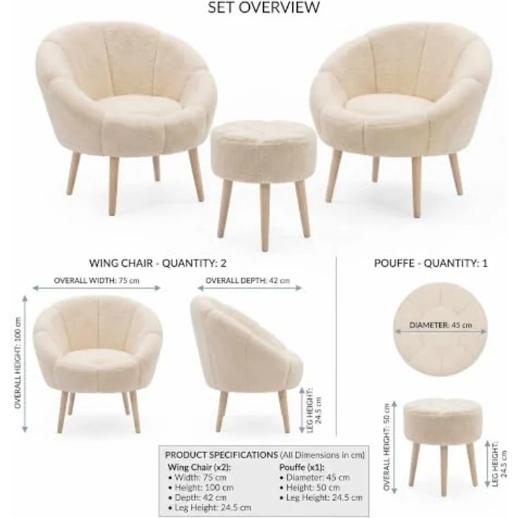 Hanah Home Elegantes Ohrensessel- und Pouf-Set (3-teilig), Creme, 100% Wellssoft-Stoff, 18 mm Melaminplatte | Perfekt für gemütliche Wohnräume – Bild 3