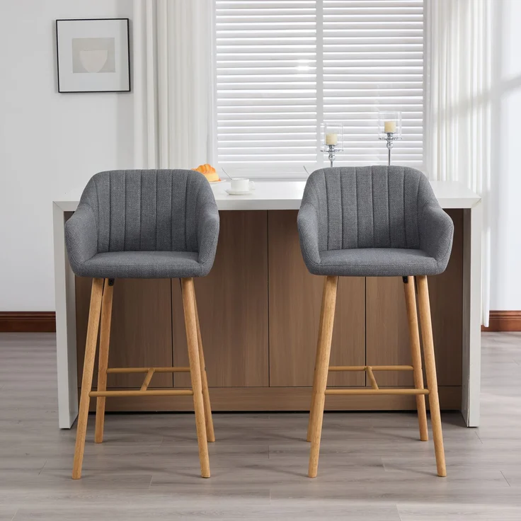 LVHOM Barhocker 2er Set, Barstühle mit Rückenlehnen und Armlehnen, Tresenhocker mit Holzbeinen, Tresenstuhl Stoff, Grau – Bild 7