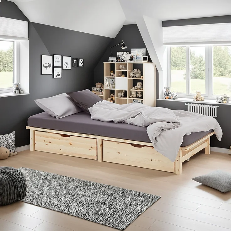 Holzbett 100x200 mit Bettkasten 2er Set Holzbettrahmen Palettenbett Einzelbett Bett Massiv Holz Jugendbett Gästebett Lattenrost – Bild 5