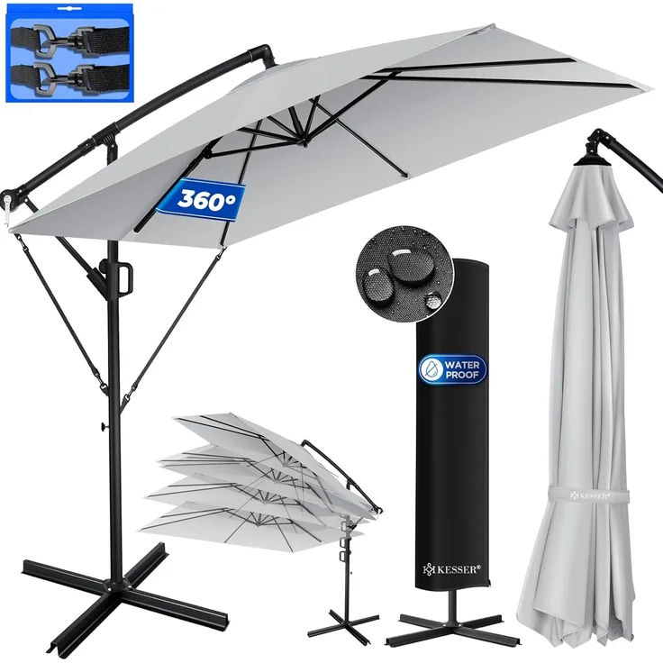 KESSER® Ampelschirm Holly Sonnenschirm Rechteckig inkl. Abdeckung + Windsicherung mit Kurbel | Kurbel-Schirm mit Ständer UV-Schutz Aluminium Wasserabweisend Ø350cm Gartenschirm Marktschirm Hellgrau
