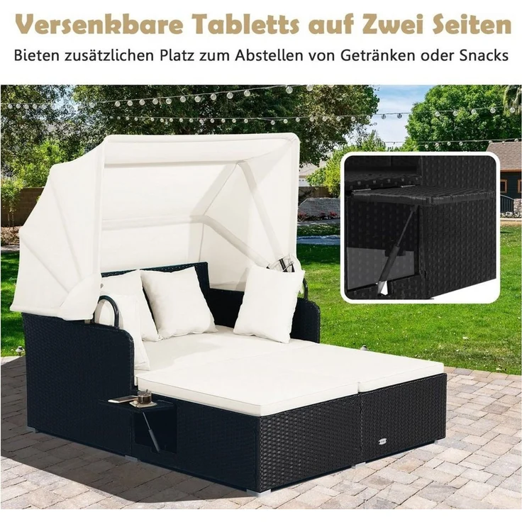 COSTWAY Loungebett, Rattan, 2-Personen, mit einziehbarem Sonnendach, Kissen – Bild 3