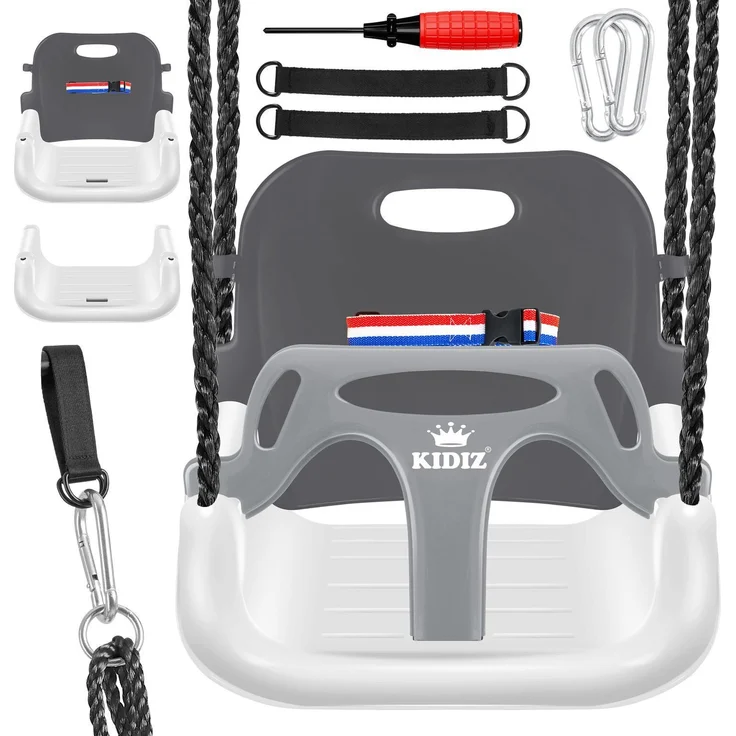 KIDIZ® Babyschaukel, Mitwachsend, mit Rückenlehne und Anschnallgurt, belastbar bis 100kg, Kunststoff Anthrazit, 33 x 24,3 x 35 cm – Bild 1