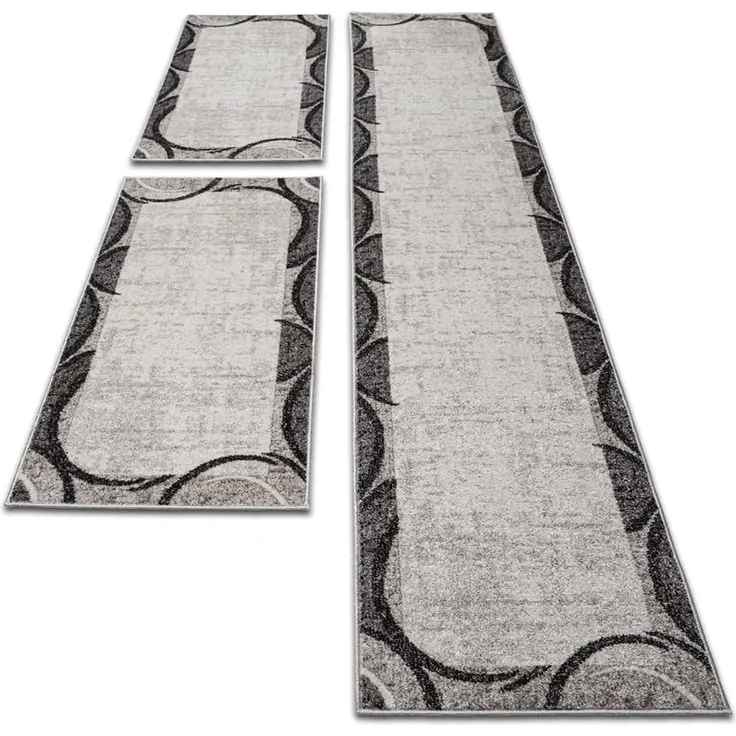 oKu-Tex Bettumrandung 3 teilig, Läufer (67 x 340 cm) + Brücken (2 x 67 x 140 cm), Kurzflor, (Set 3 teilig, 3-tlg), Teppich Schlafzimmer Bettvorleger Set schmal gewebt creme meliert – Bild 1