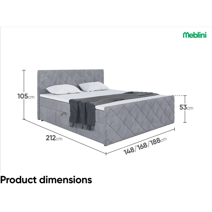 MEBLINI Boxspringbett HENRY 180x200cm - H3B/Grau Samt - mit Bettkasten - Polsterbett - Doppelbett mit Topper & Bonellfederkern-Matratze – Bild 7
