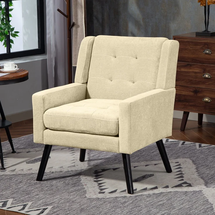 LVHOM Sessel aus Leinenstoff mit Knopfsteppung, Relaxsessel mit Massivholzbeinen, Polstersessel für Wohnzimmer & Büro, bis 130kg, Beige – Bild 2