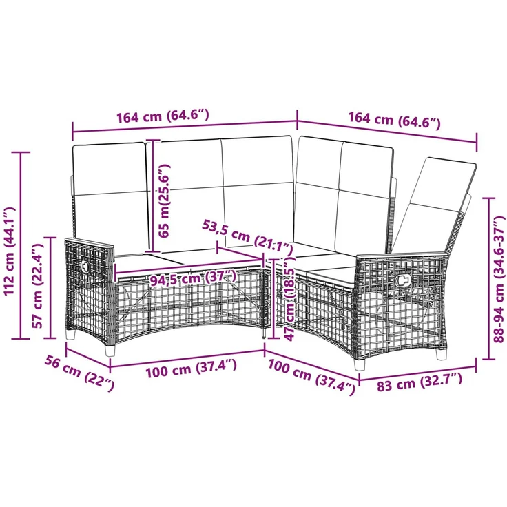 vidaXL Garten Liegesofa Set Verstellbar Schwarz 164 x 164 x 112 cm 42026822 – Bild 12