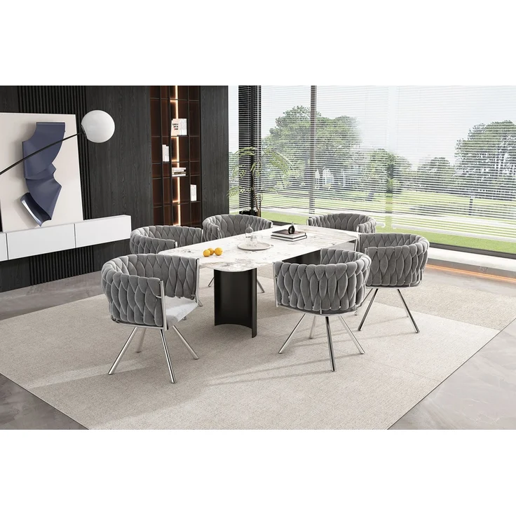Merax Samt-Esszimmerstuhl, 4er set, Schlafzimmer-Drehstuhl, 360° drehbar Freizeit-Drehstuhl mit vier Stützbeinen aus Metall, Grau+Silber – Bild 10