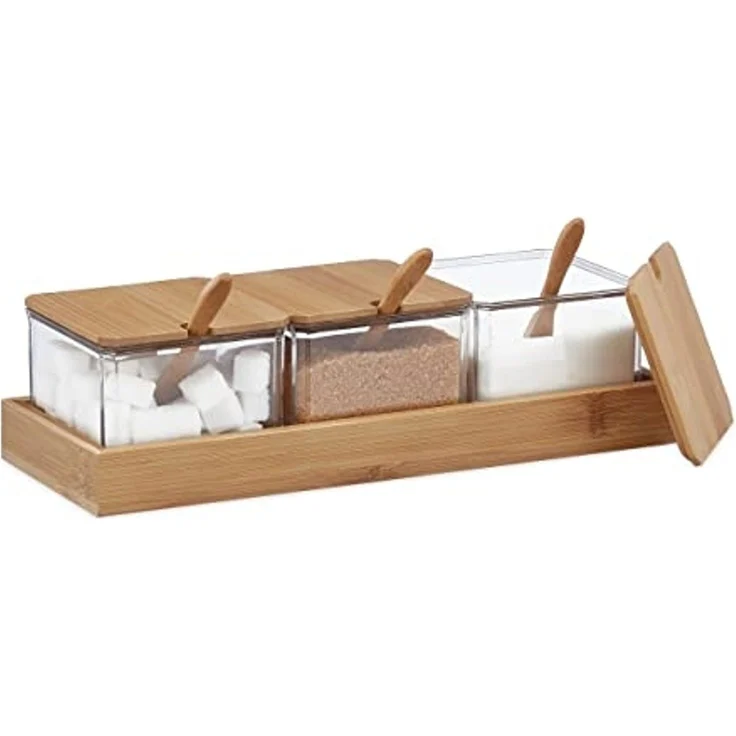 relaxdays Gewürzbehälter Set mit Löffel & Deckel, Bambus, transparent – Bild 1