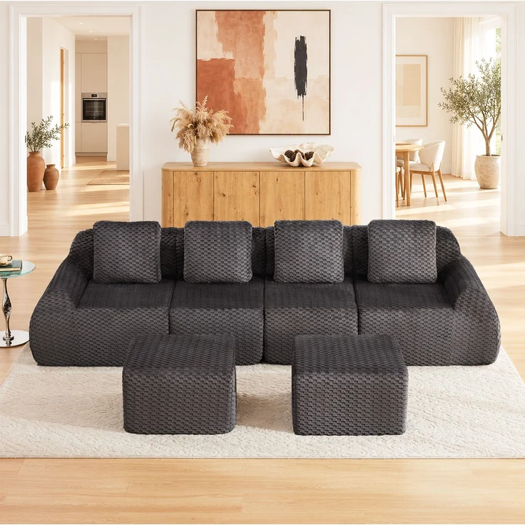 Merax Modulares Sofa U-Form/L-Form, 6-Sitzer Wohnlandschaft für Wohnzimmer, Rahmenloses Vollschaumsofa mit 74 cm Sitztiefe, Breiten Armlehnen und 2 Beweglichen Ottomanen, Montagefrei, Grau – Bild 2
