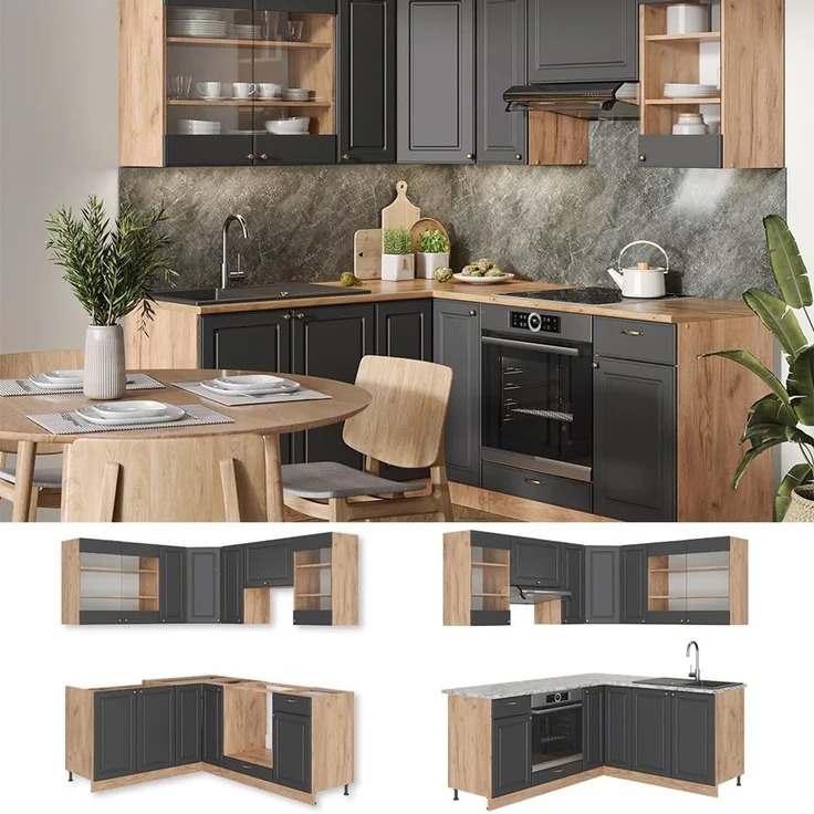 Eckküche Fame-Line Anthrazit-Gold Landhaus/Goldkraft Eiche 190 x 160 cm ohne Arbeitsplatte Vicco – Bild 5