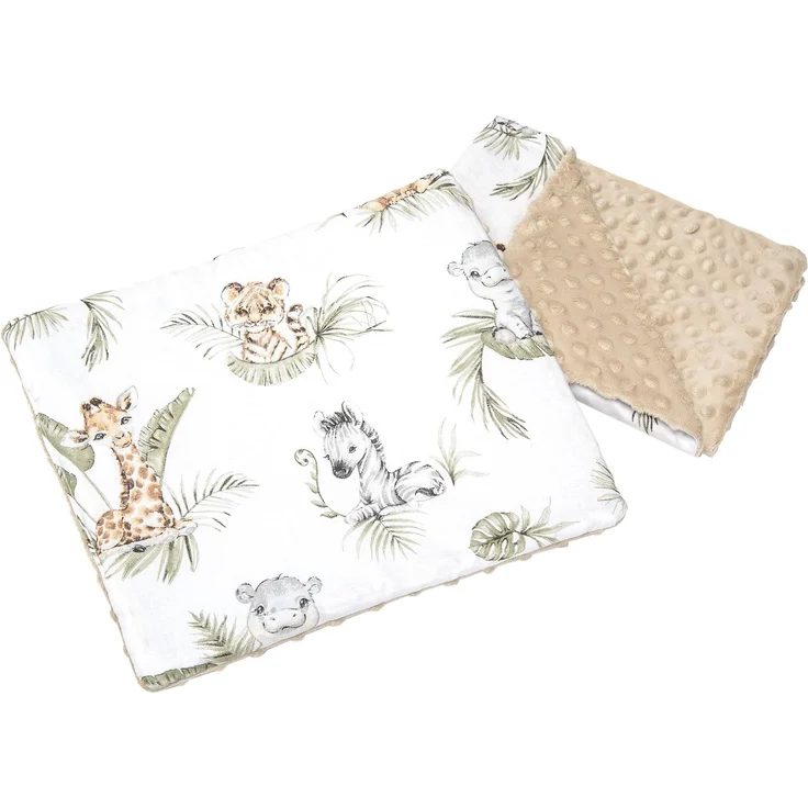 Medi Partners Babydecke Krabbeldecke mit Kissen 100% Baumwolle Minky Kinderdecke 55x75 + 35x30 cm multifunktional für Kinderwagen Babyschale Wiege (Safari mit beige Minky)