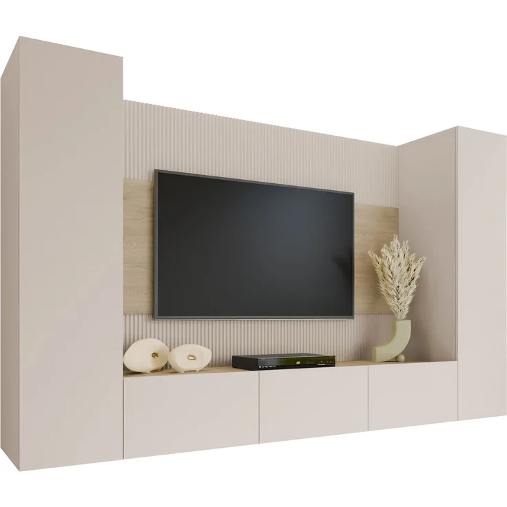 Wohnwand Deromi V, Griffloses Öffnungssystem (Farbe: Sandbeige + Eiche Cremona) – Bild 3