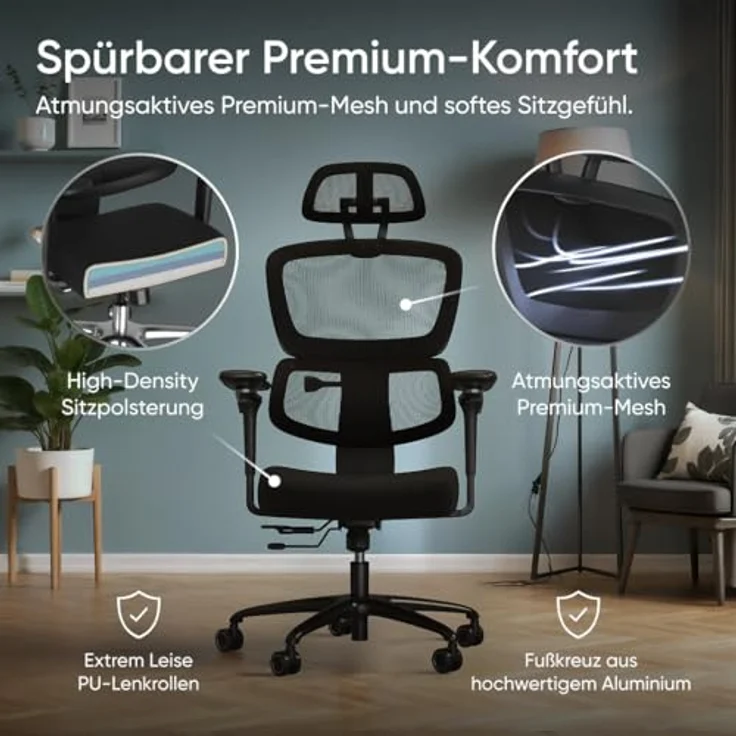 DESKSPACE® Move Pro Ergonomischer Bürostuhl mit intelligenter Lordosenstütze, 3-stufiger Neigung, höhenverstellbarer Rückenlehne, atmungsaktivem Netzgewebe, für bis zu 150 kg (Schwarz) – Bild 3